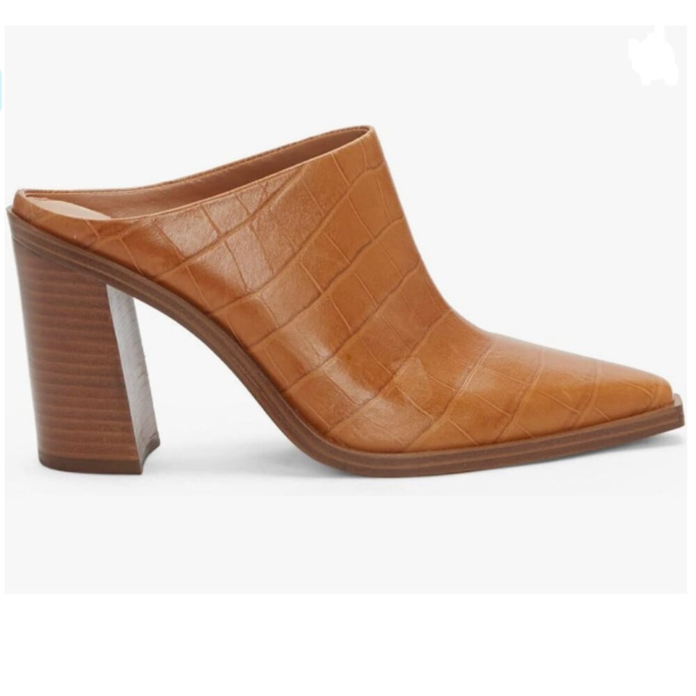 FOWT Brown Crocodile Embossed Mules Chunky Stacked Heel Slipper Pointed Toe Shoe
